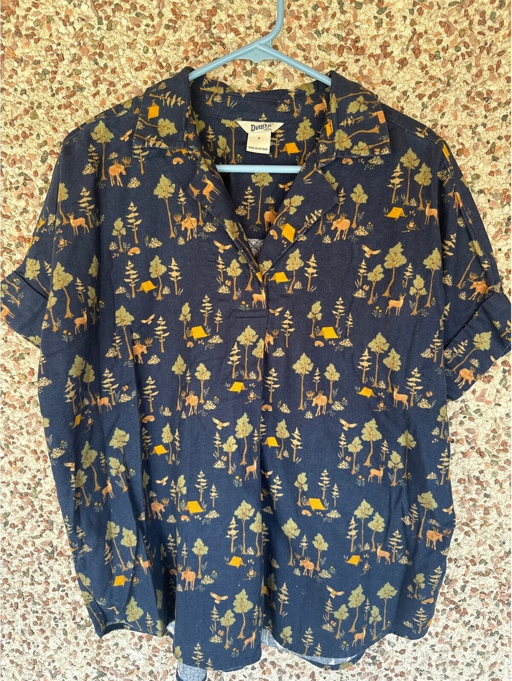 Duluth Trading Co Womens S Camp Print Popover Top Moose Tent Short Sleeve Cotton